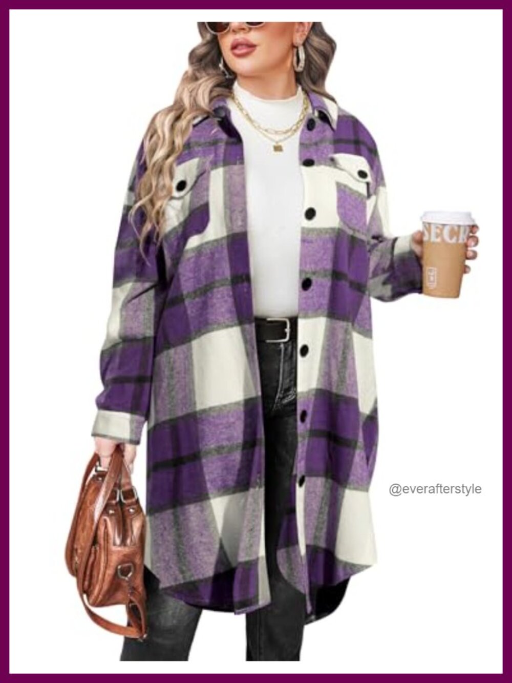 Women's Plus Size Flannel Plaid Shacket Button Down Long Sleeve